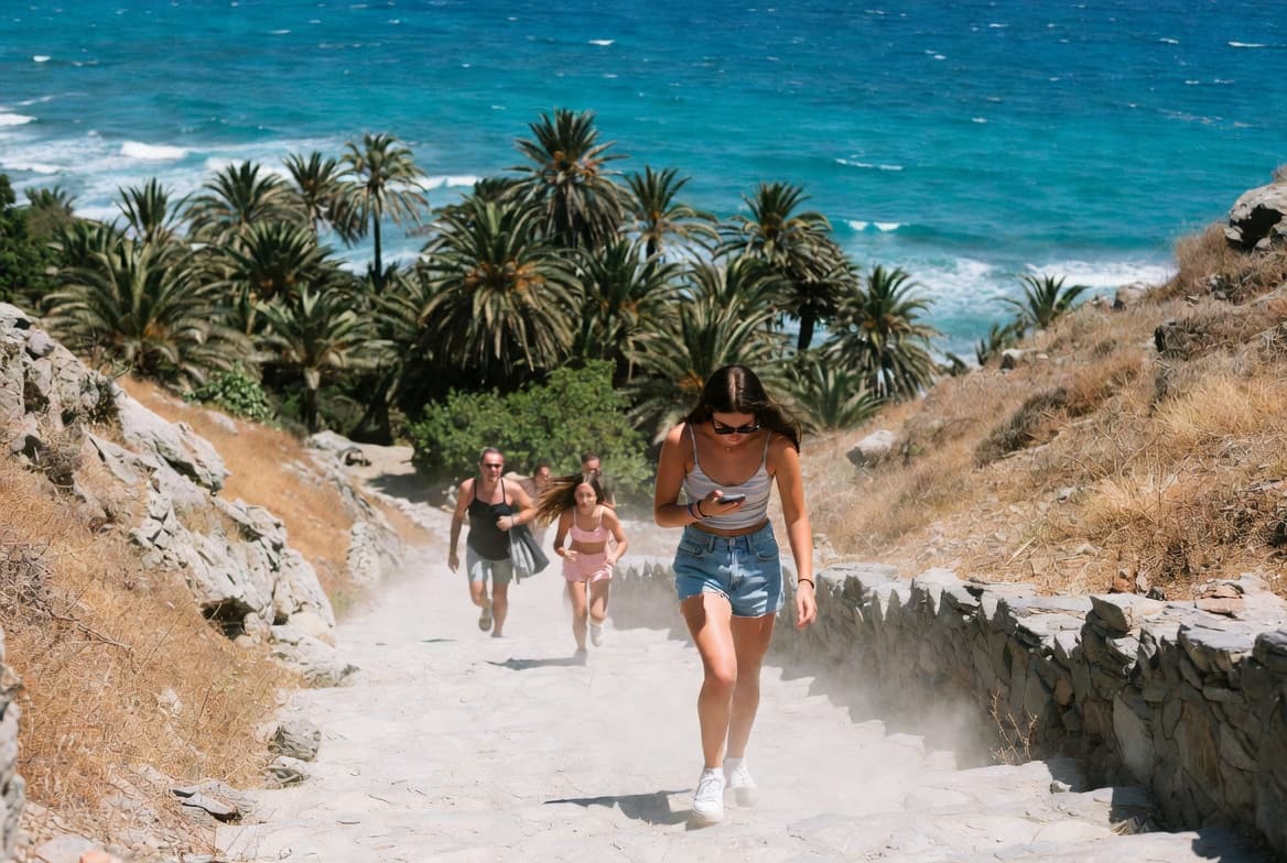 Family walking towards a turquoise Crete beach in high summer