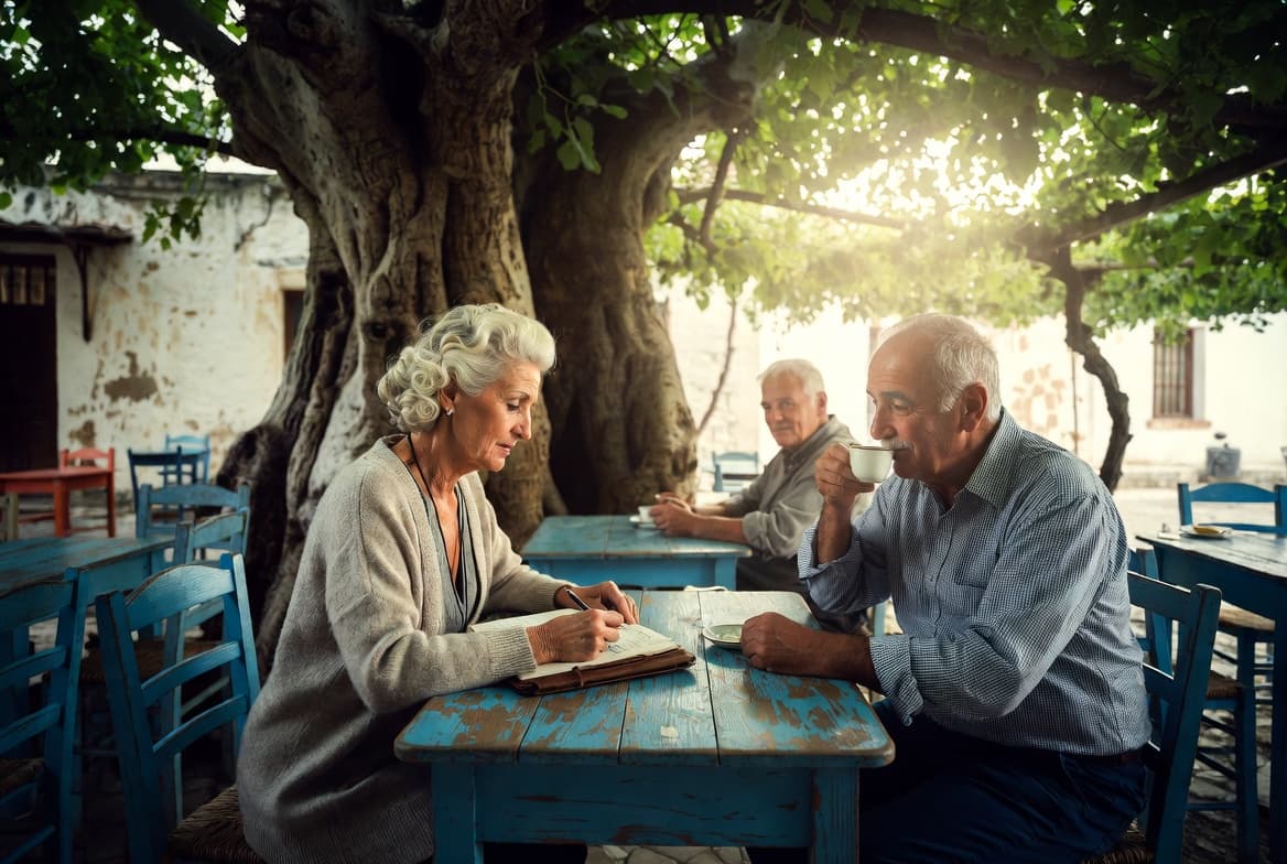 Shaded square of a traditional Cretan village under the plane trees, slow-life spring mood