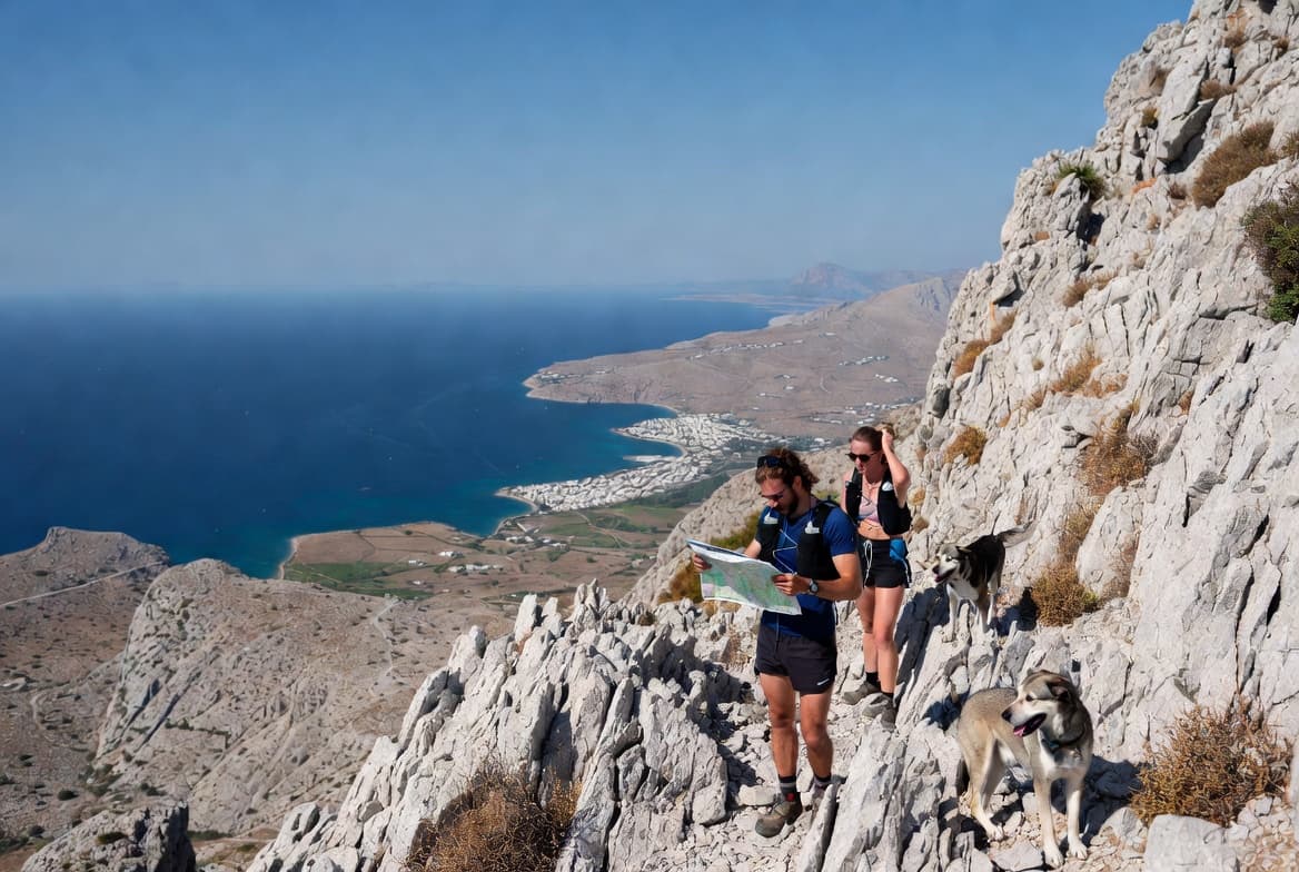 Hiker on the rocky E4 trail of Crete's south coast, the Libyan Sea below
