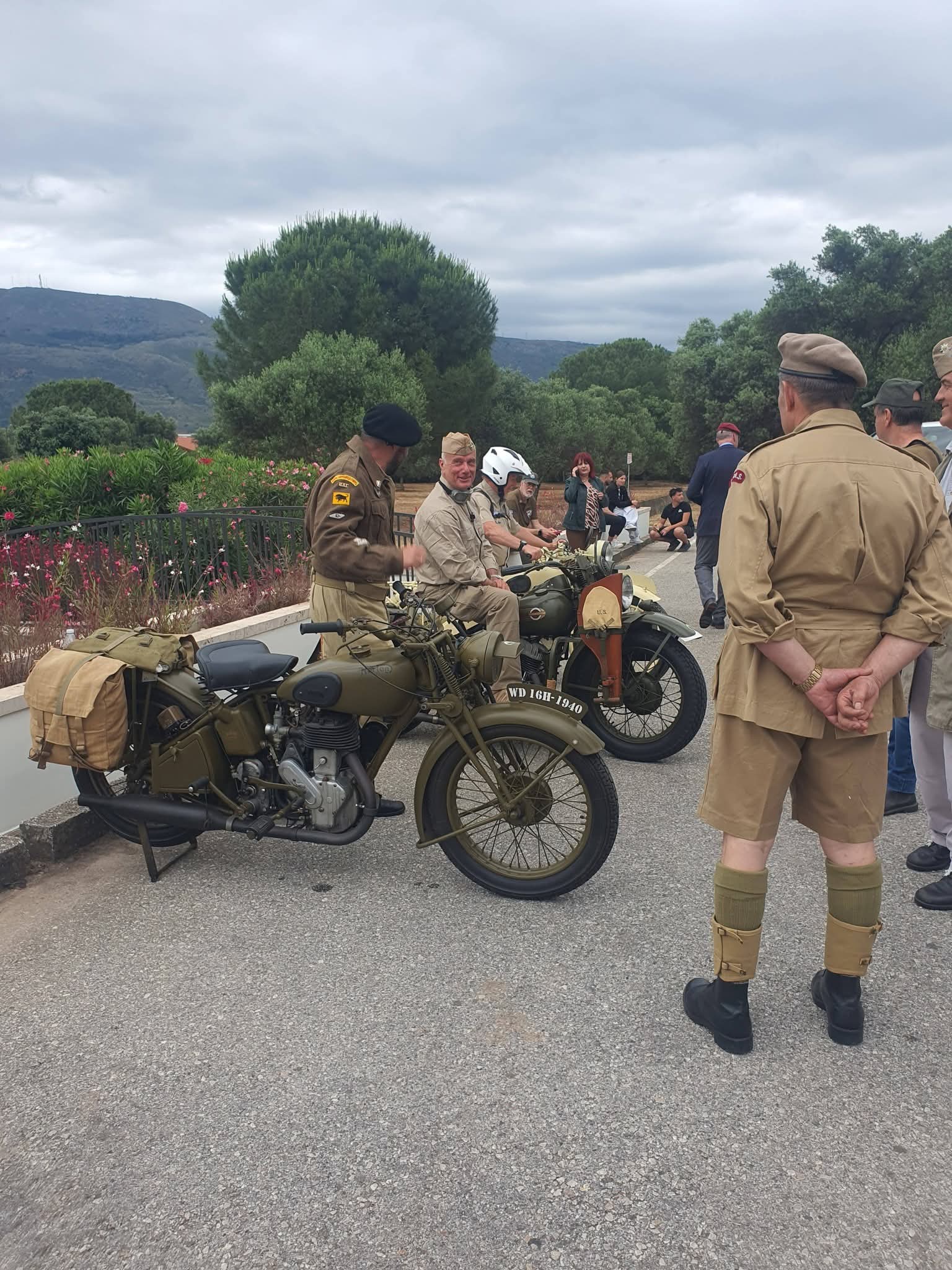 Historical re-enactors with wartime military motorcycles and period uniforms at the Battle of Crete commemorations