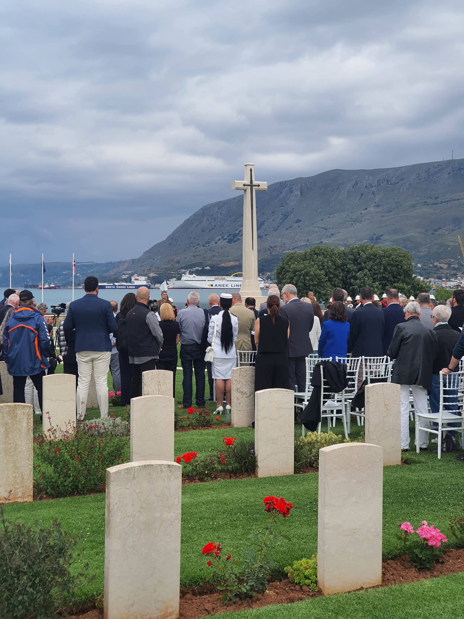 Cross of Sacrifice at the Souda Bay Commonwealth War Cemetery during the Battle of Crete commemoration
