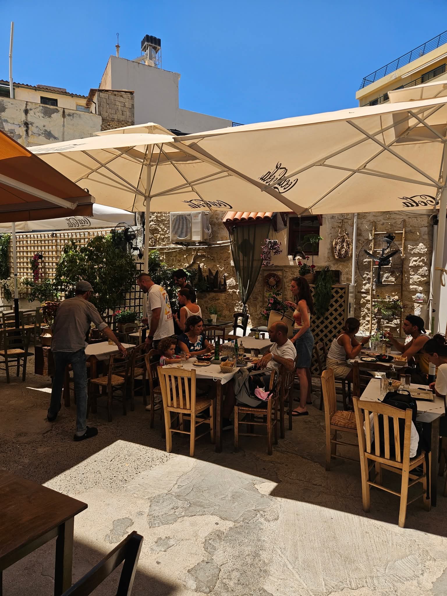 Terrasse ombragée de la taverne familiale Bellot à Héraklion