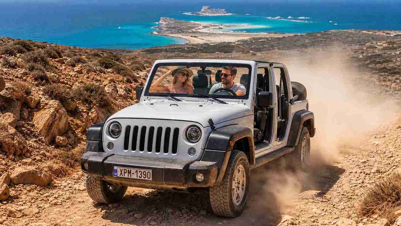 4x4 on the dusty 8km track to Balos lagoon — an example of a road not covered by standard rental insurance