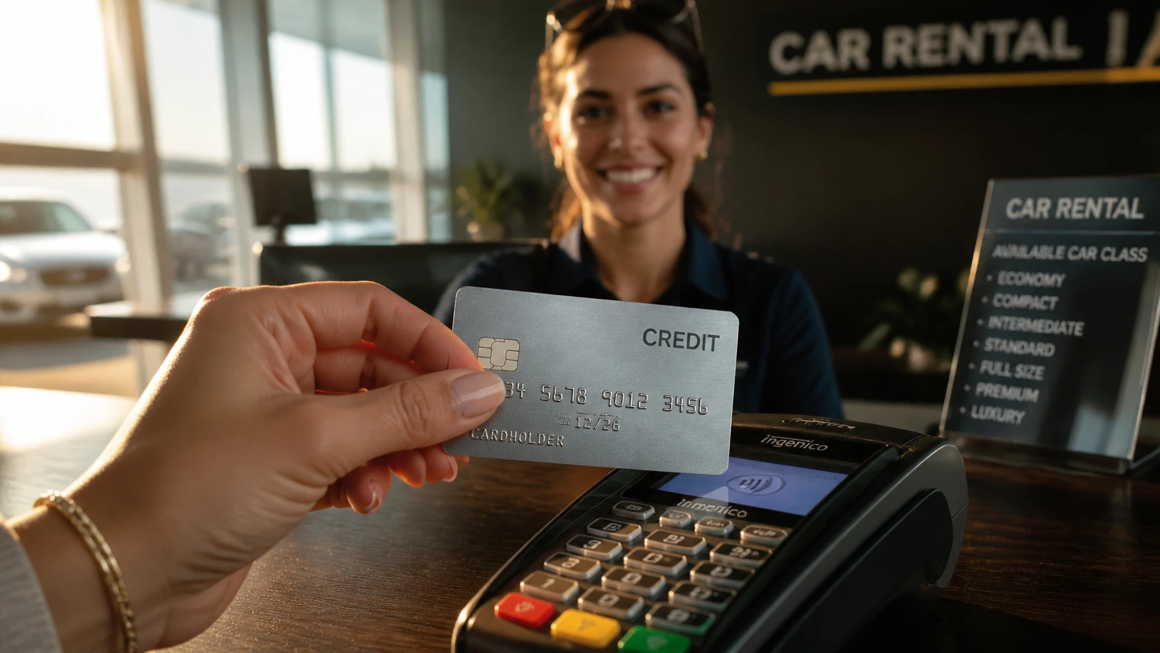 Close-up of a credit card and a debit card — visual difference that costs you at the rental desk
