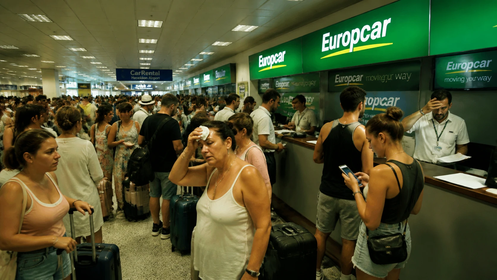 Overloaded car rental desk at Heraklion airport in the middle of August
