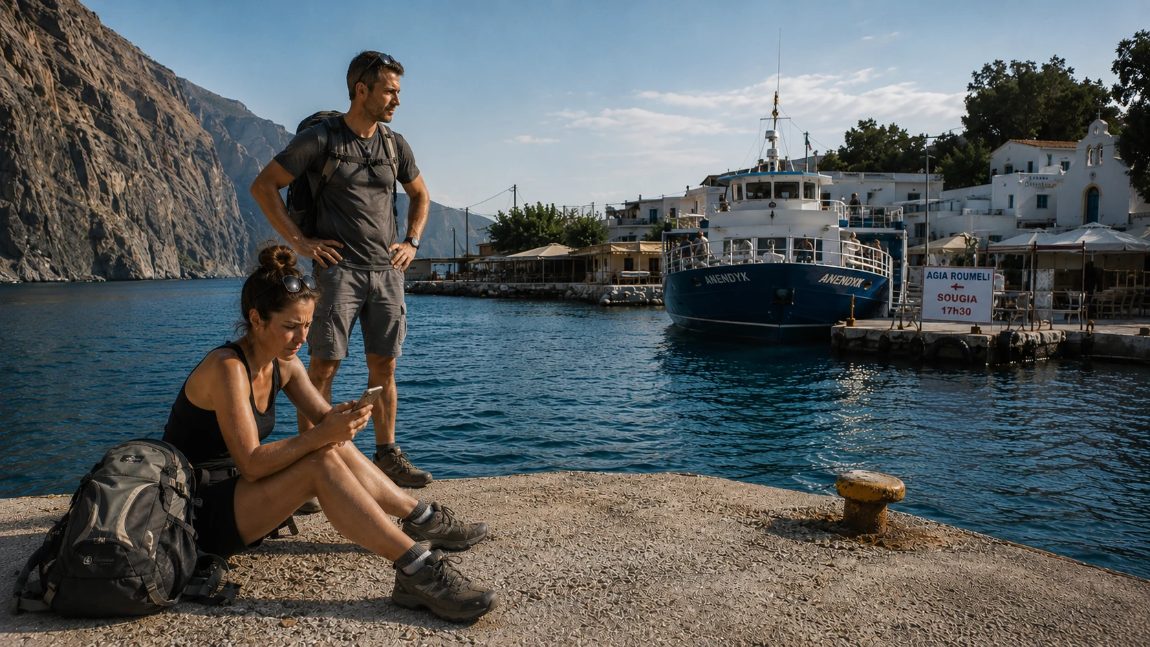 Exhausted hikers waiting for the ferry at Agia Roumeli after the hike