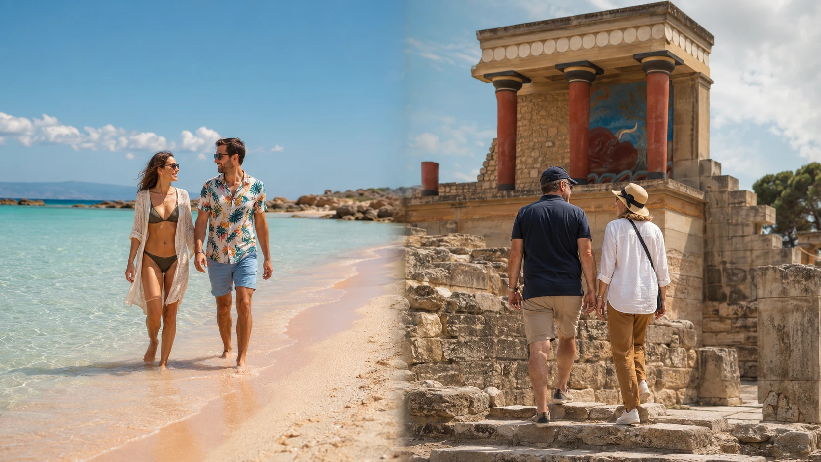 Aerial view comparing Chania's beaches and Knossos palace in Heraklion