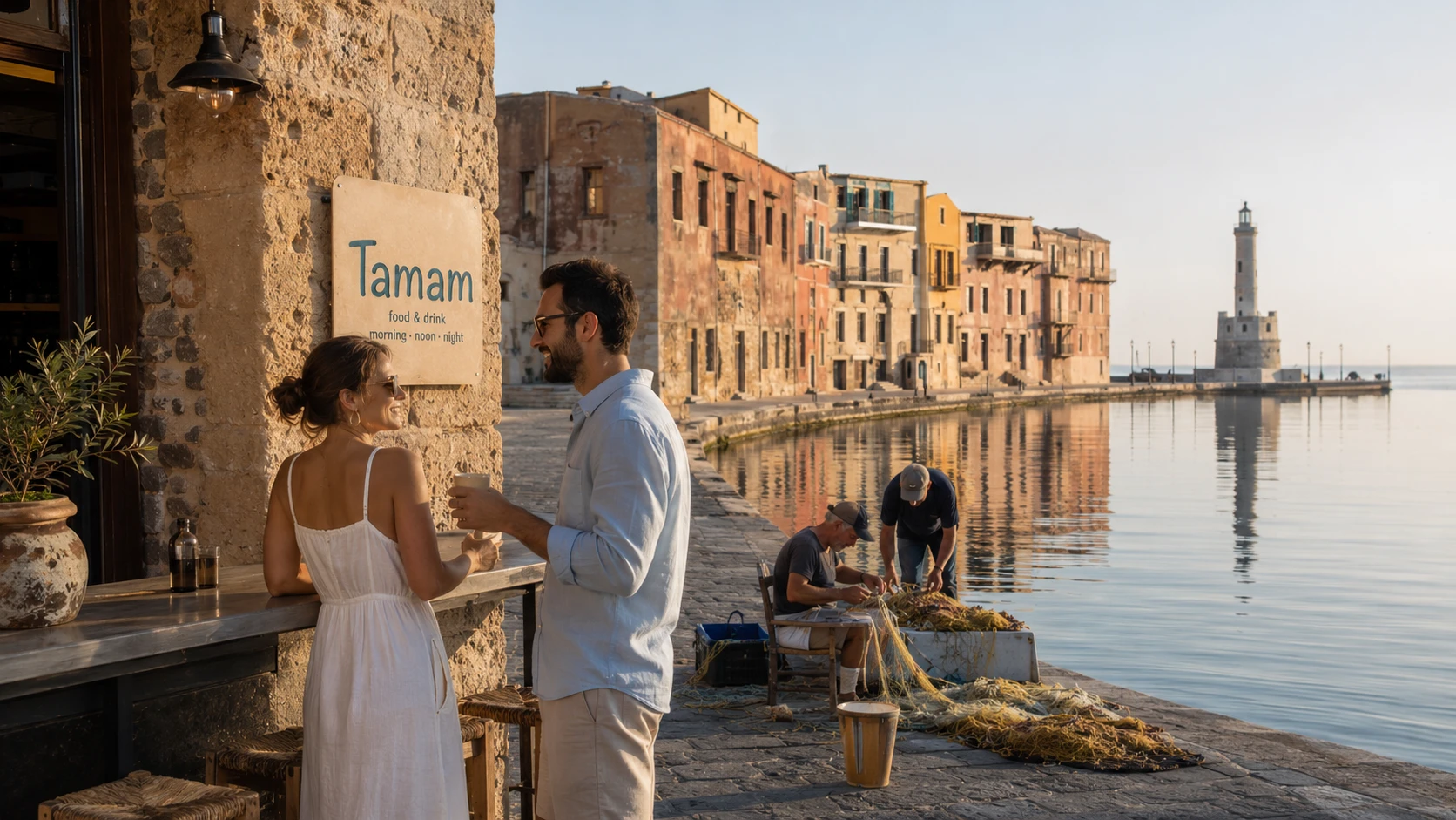 Couple at Chania's Venetian harbour in the early morning, golden light on ochre façades