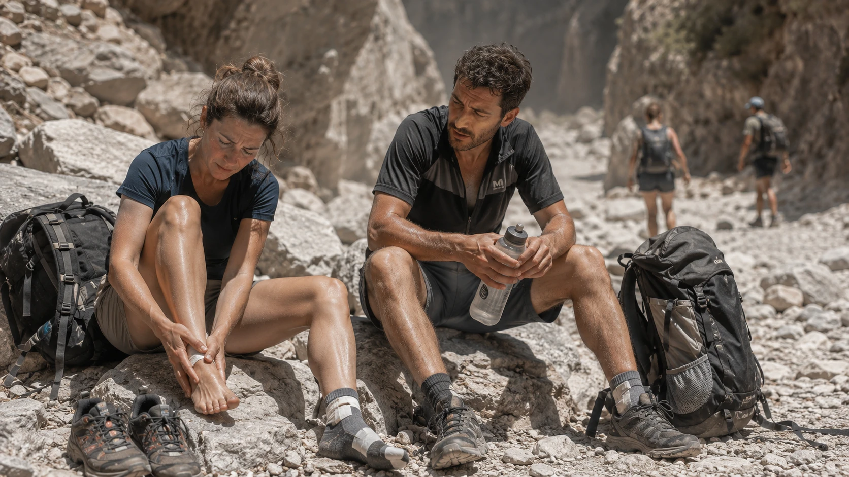 Hikers treating blisters mid-way through Samaria