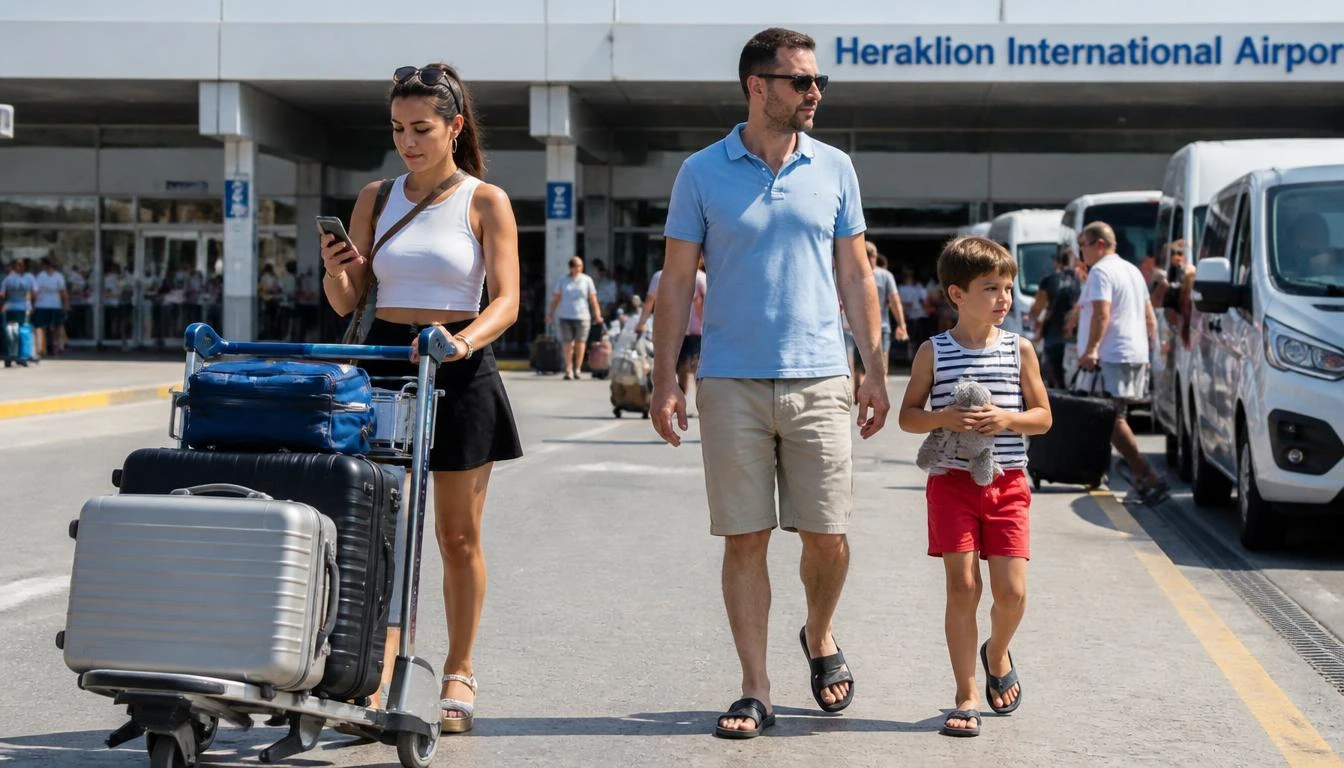 Family arriving at Heraklion airport in summer — the practicality of the central hub
